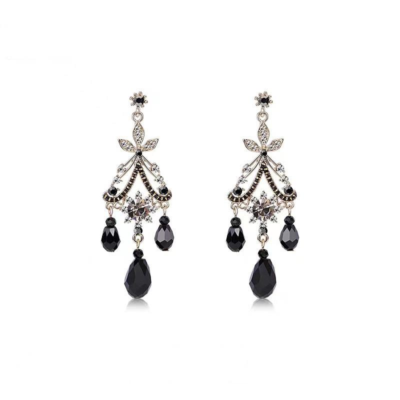 Vintage Ethnic Style Rhinestone Flower Shaped Water Drop Earrings For Women Elegant Long Texture Dangle Earring Female Jewelry