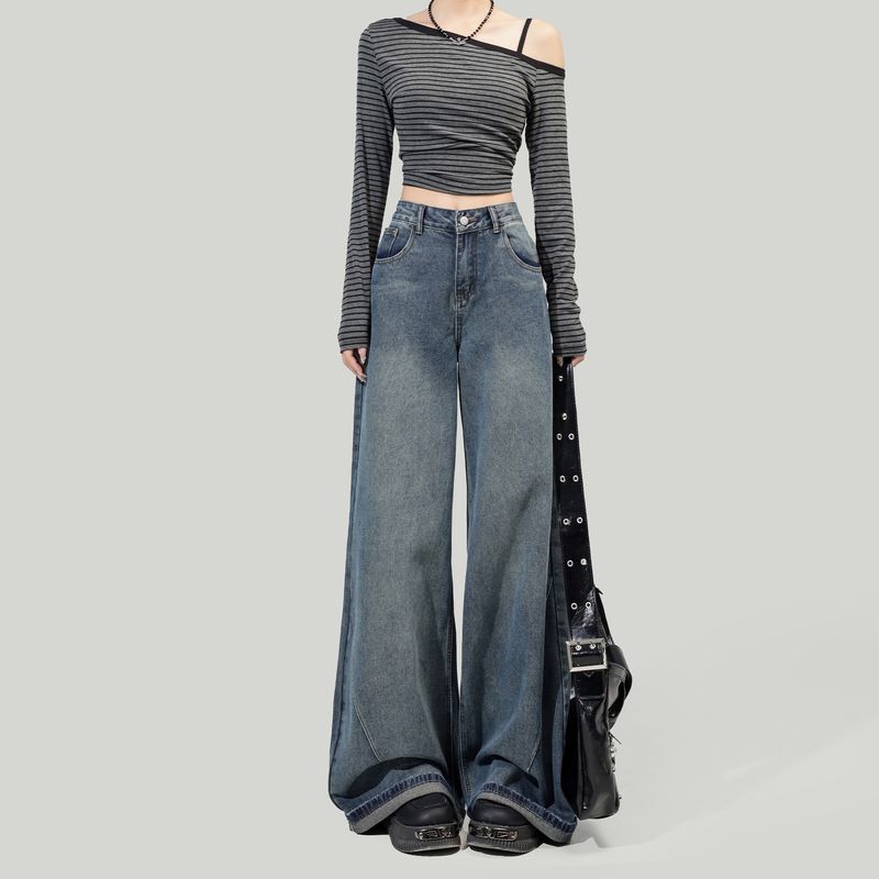 

American Retro High Waist Wide Leg Denim Women 2025 Fall and Winter New Lazy Wind Loose Drooping Straight Mopping Pants Retro Blue [pants] single pants XS