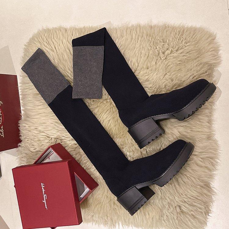 

[youshilai] Elastic socks boots women s long tube knitted knee thick heel round head thin boots high boots women 35