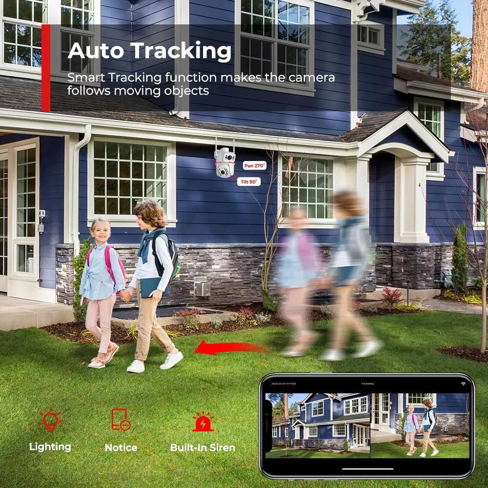 2024 Nová 8MP EU 4K IP CCTV bezpečnostní kamera s duálním objektivem, WIFI, PTZ, sledováním pohybu AI, detekcí těla, vodotěsná pro venkovní použití, pro dohled