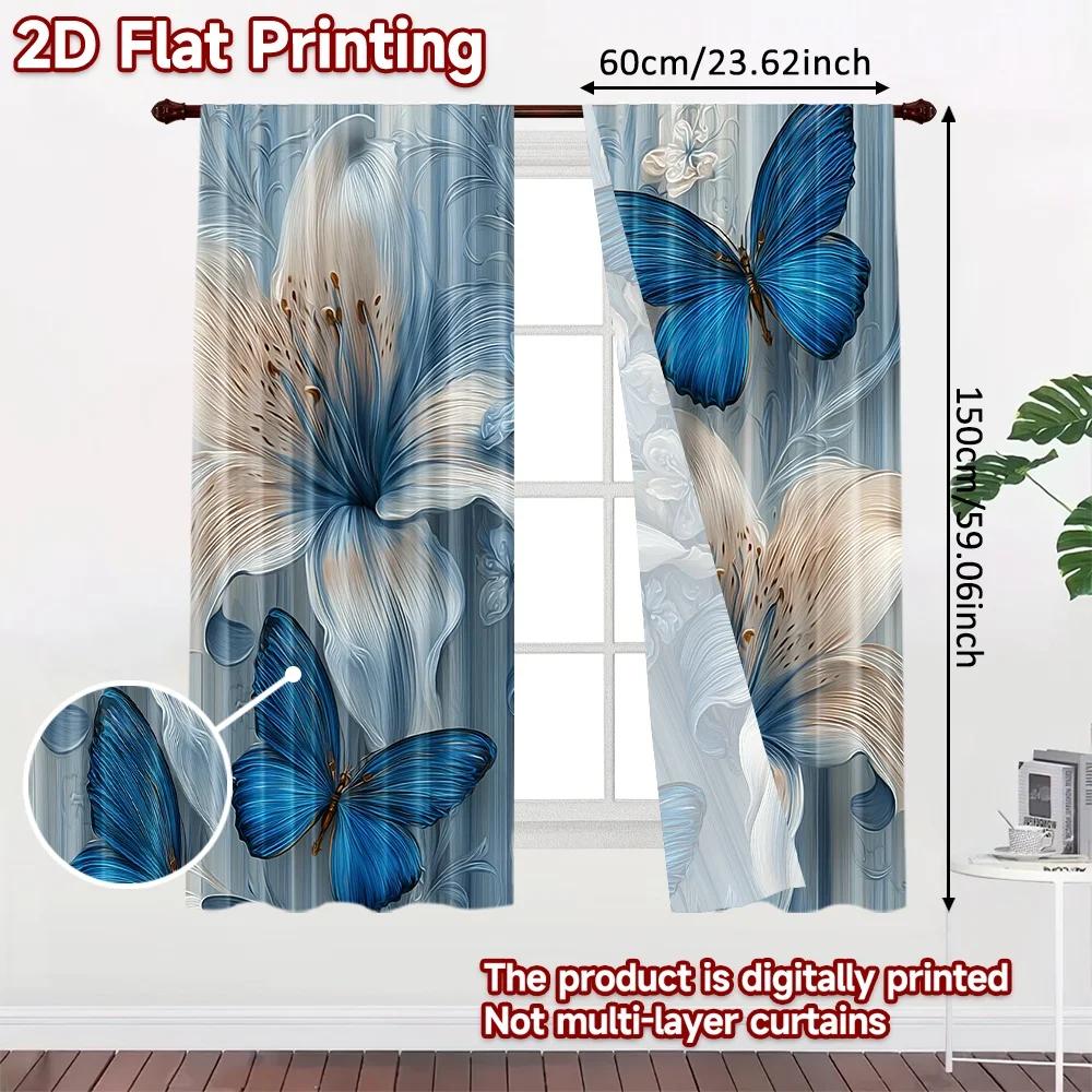 Set Of 2 Flat Printing Window Curtains Blue Blooms Digital Printed Polyester Drapes Festive Home Wall Yard Use Curtain Made