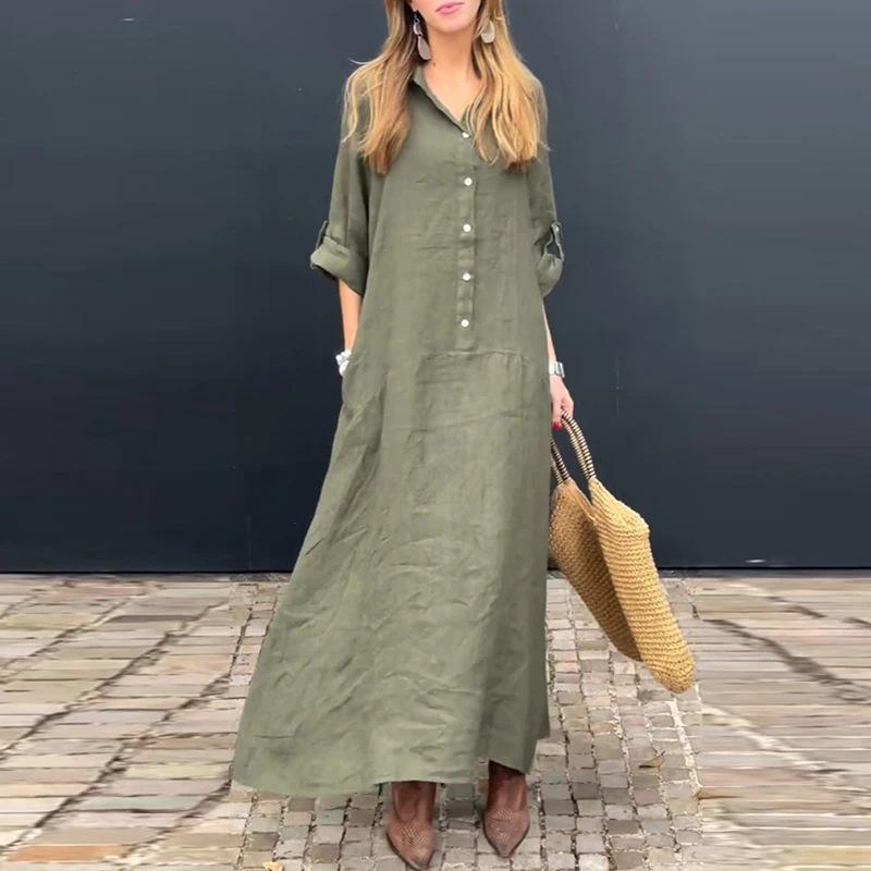 2024 Women's Summer Casual Long Dress - Cotton Linen Blend, Plus Size, Pocket Shirt Collar