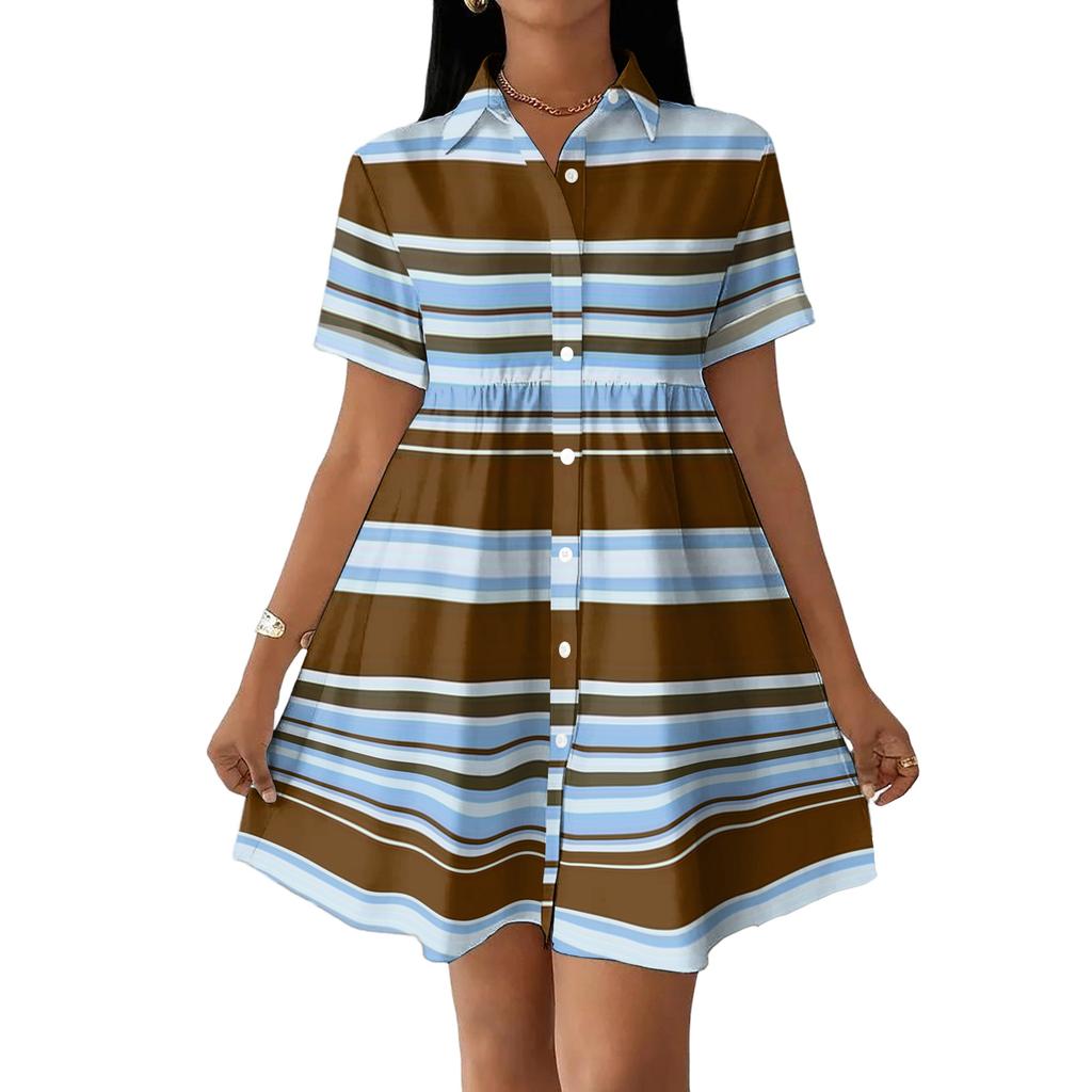 Women Loose Fit Casual Shirt Dress with Button Front and Stand Collar Short Sleeve Striped Design for Everyday Wear