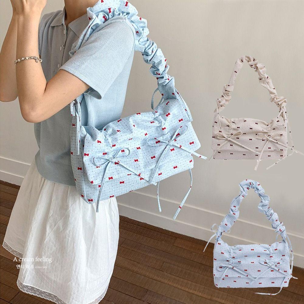 Leisure Bow Ribbons Bag Korean Women's Underarm Bag Fashion Pleated Shoulder Bag  Summer
