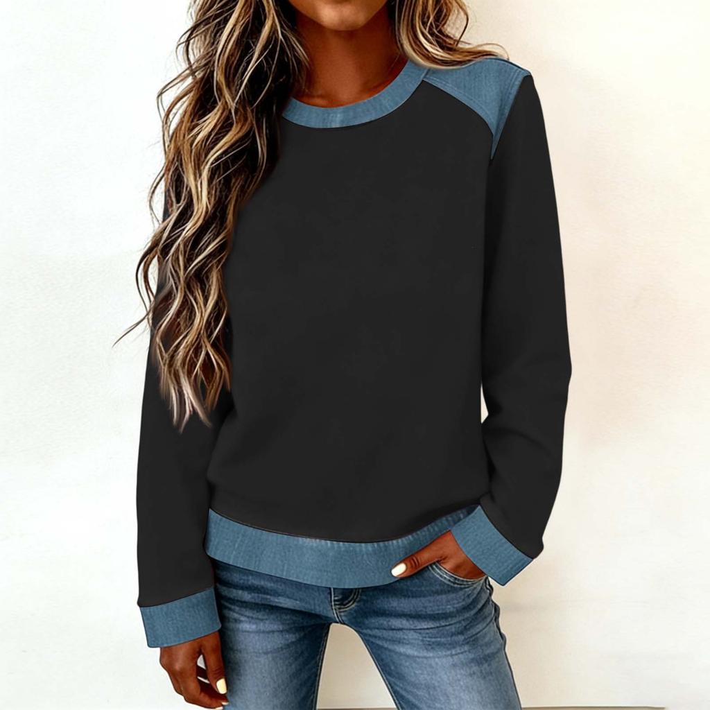 Women Denim Collar Patchwork Stitching Sweatshirt Casual  Pullover Long Sleeve Shirts