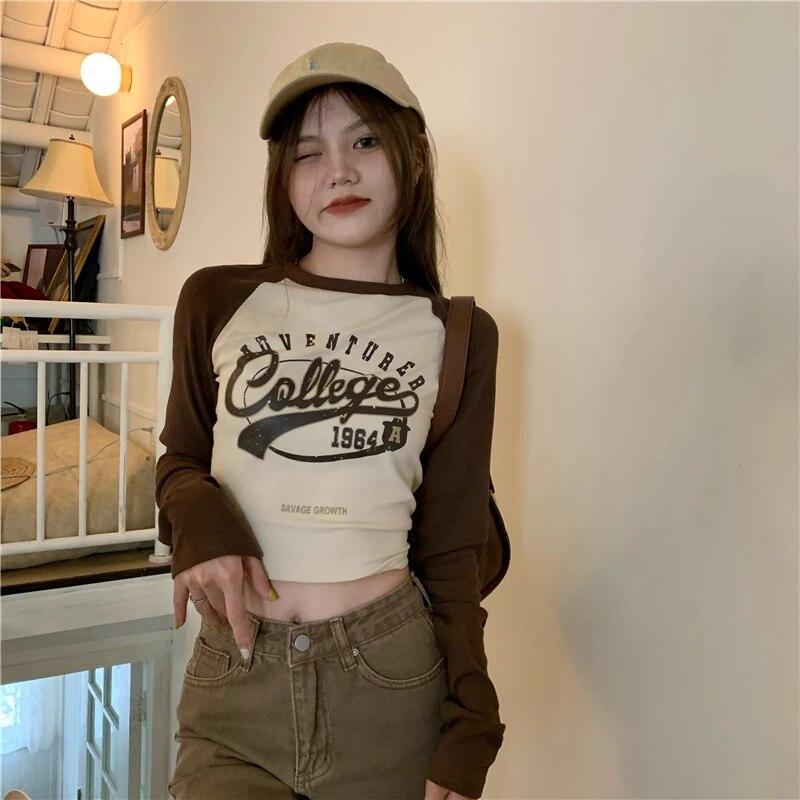 Dámské tričko Y2k Crop Top Léto Sexy Dlouhý rukáv Tisk Dopis Oříznutý Estetický Grunge Harajuku Vintage Korejské módní oblečení