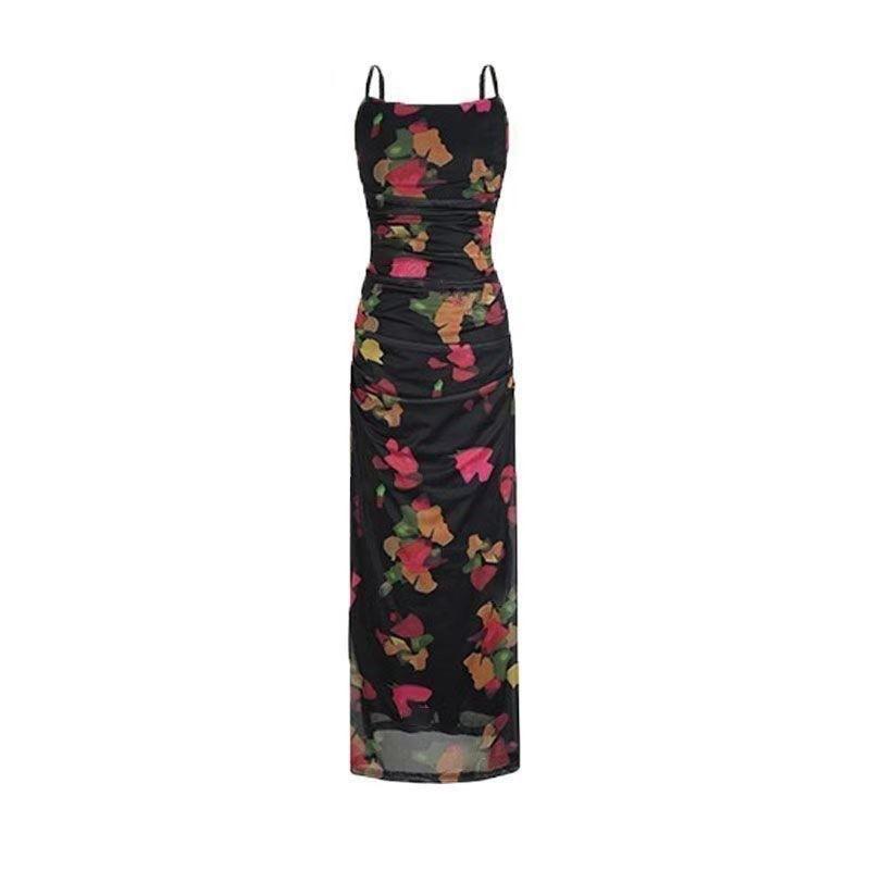 Retro Printed Slim-fitting Suspender Skirt French Summer New Fashion Slim Split-ended Hip-wrapped Floral Dress