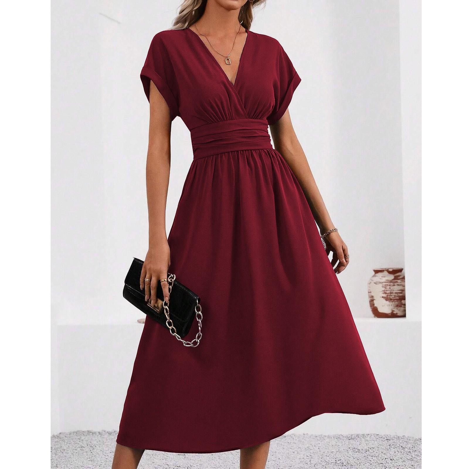 

Женское свободное повседневное однотонное длинное платье с V-образным вырезом и складками на талии. Длинное платье с складками на талии. XL винный