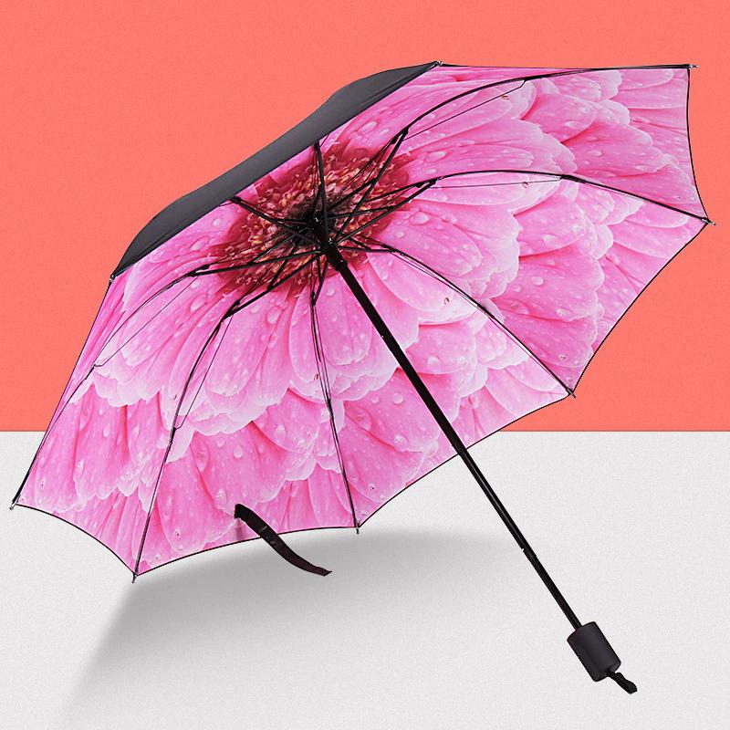Hand-Painted Floral Umbrella Picture Inside - UPF 50+ Sun & Rain Protection, Folding Compact Parasol for Women & Men, Elegant Gift Idea