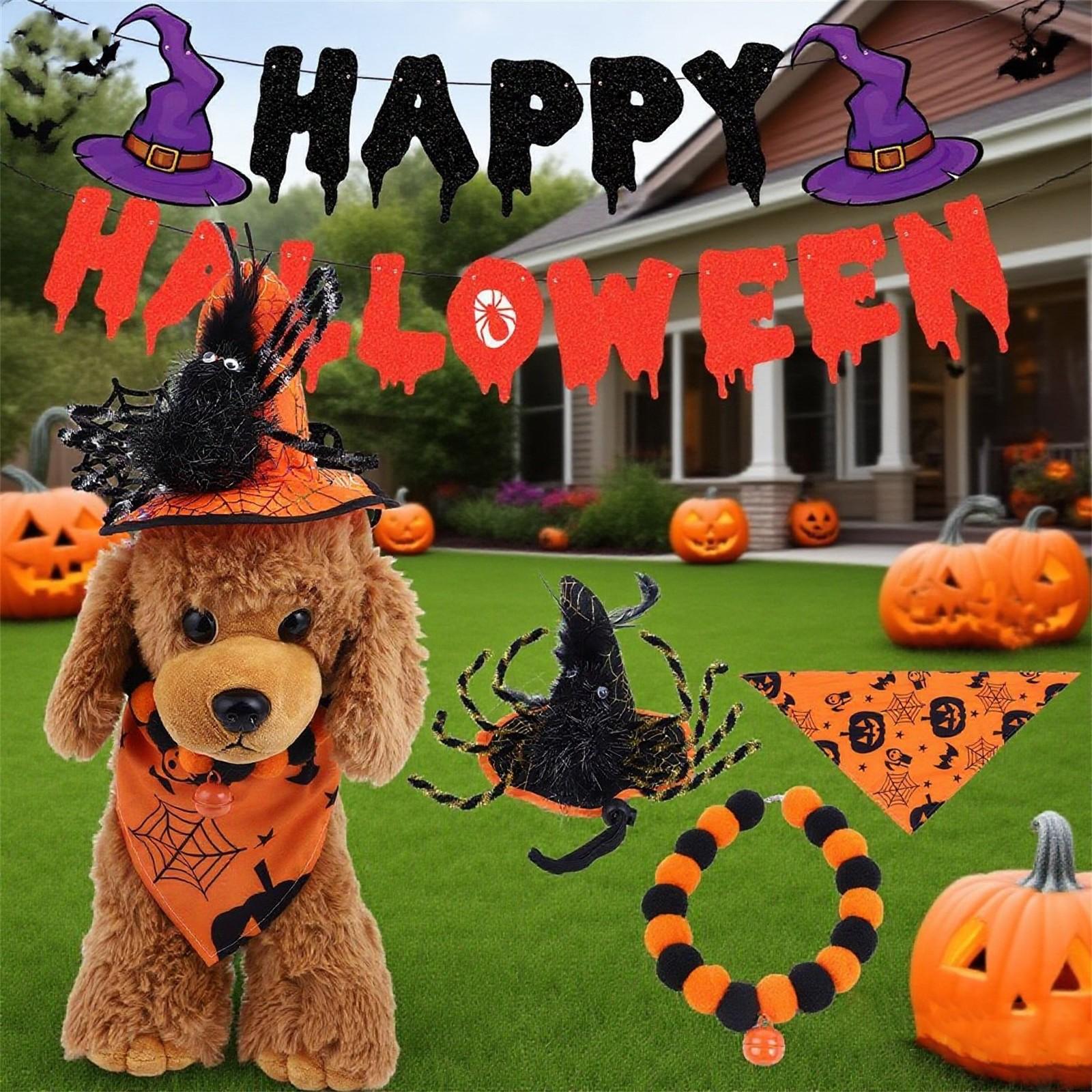 

Pet Halloween Decoration Set Flag Pulling Pet Halloween Collar Dog Halloween Hat Water Scarf One Size