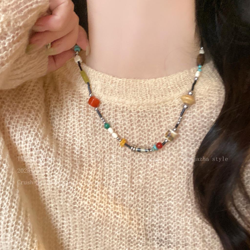 New Chinese Retro Beaded Necklace, Female Ethnicity Temperament, Collarbone Chain, Dopamine Wooden Neck Chain with Jewelry