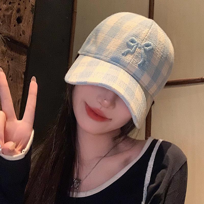 2025 Spring/Summer Women's Plaid Bow Sun Protection Baseball Cap with Embroidery