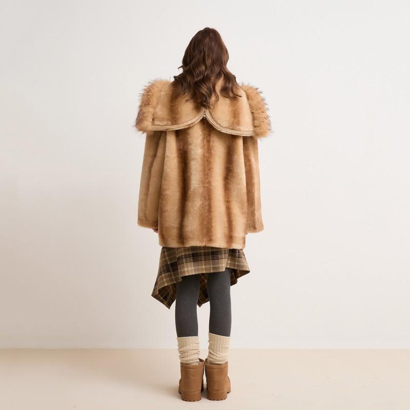 Womens Faux Fur Coat With Detachable Hooded Collar Zipper Thick Warm Winter Outerwear