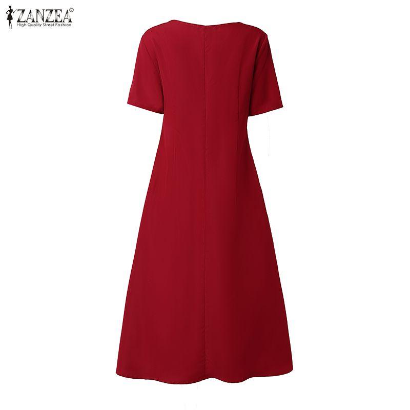 ZANZEA Women Casual Round Neck Solid Color Summer Short Sleeve Dress