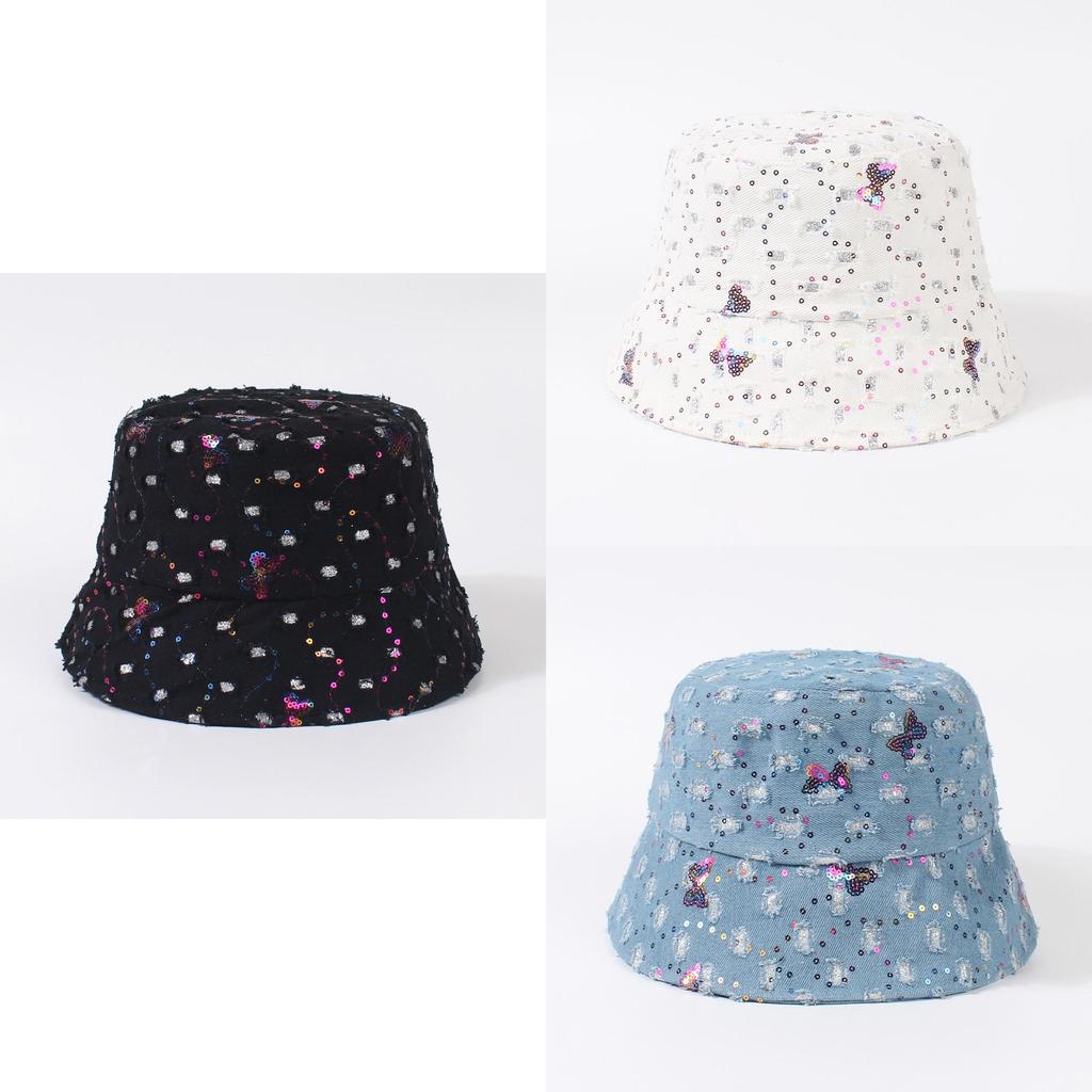 Japanese Style Denim Fisherman Hat With Sparkling Butterfly Bow Perfect For Summer