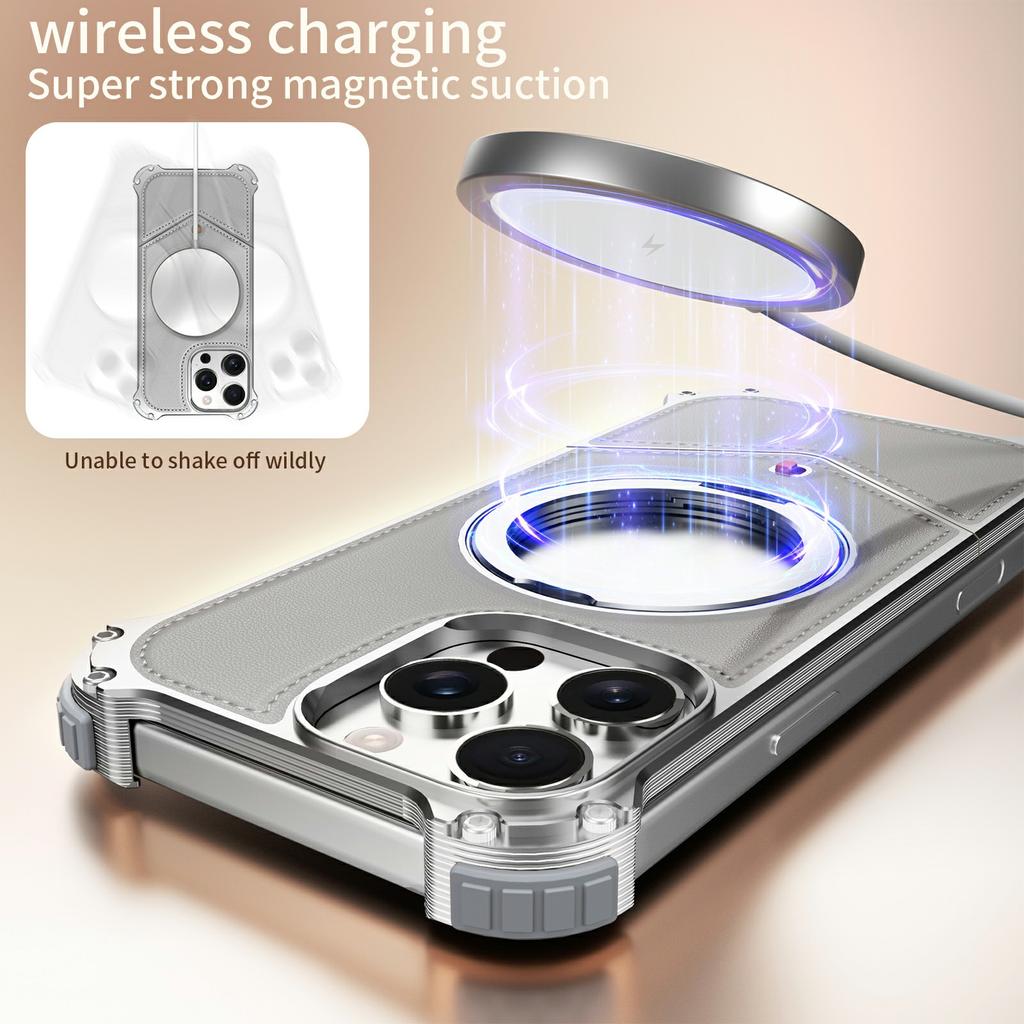 For iPhone 16 Pro Case PU Covered Metal Boardless Phone Back Cover with Kickstand