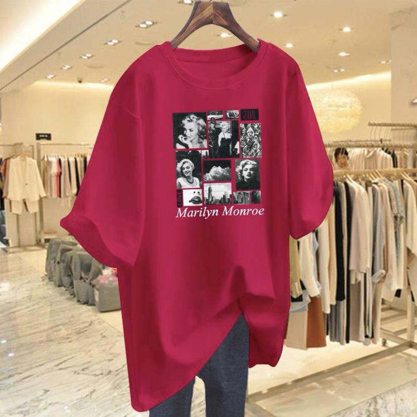 

White loose cotton texture retro printing long-sleeved T-shirt women s summer 2025 new large version long top XXXXL рожевий червоний колір