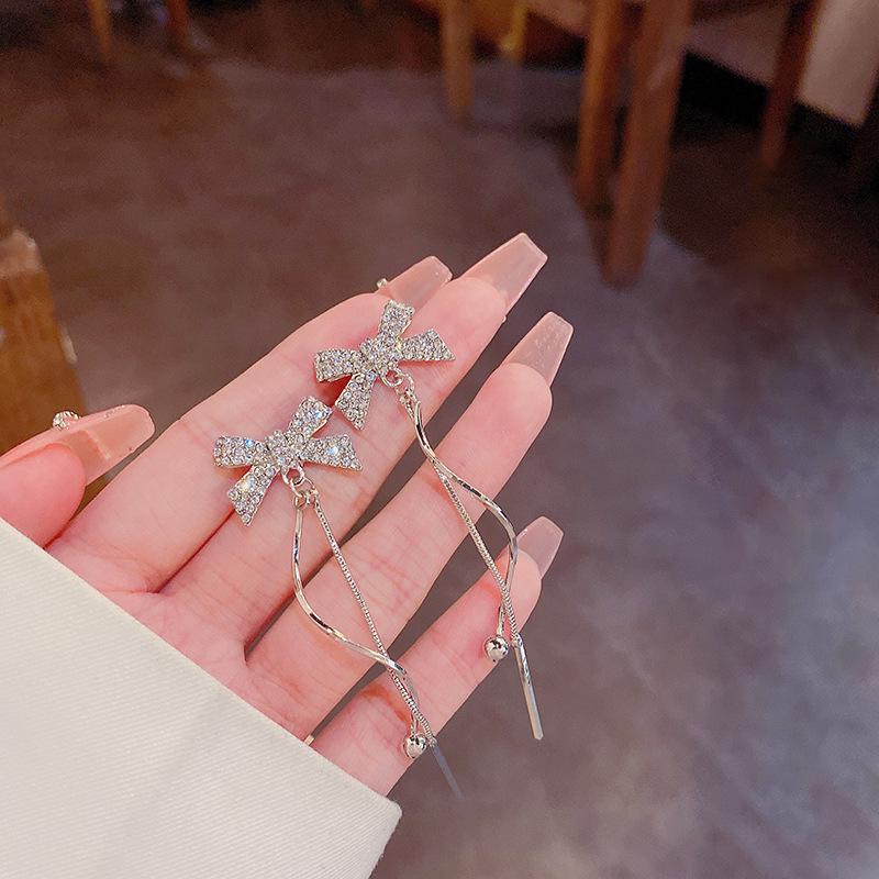 S925 Silver Korean Bow Long Earrings - Elegant & Versatile Lady's Style