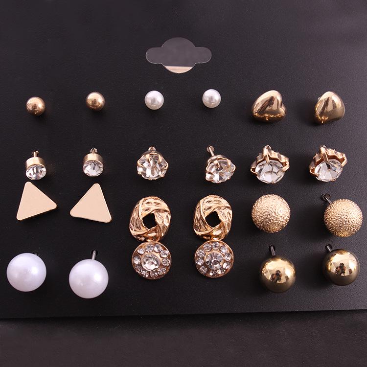 Chic Zircon Crystal Stud Earrings - Set of 12 Pairs