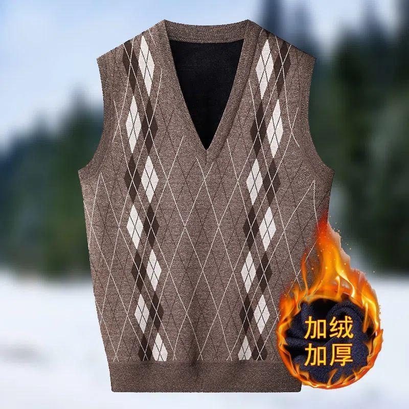 

Men s Winter Knit Fleece Sweater Vest Retro Sleeveless V Neck Pullovers Sweater Knitwear Plaid Man Clothes Warm Bottoming Vest XXL хакі
