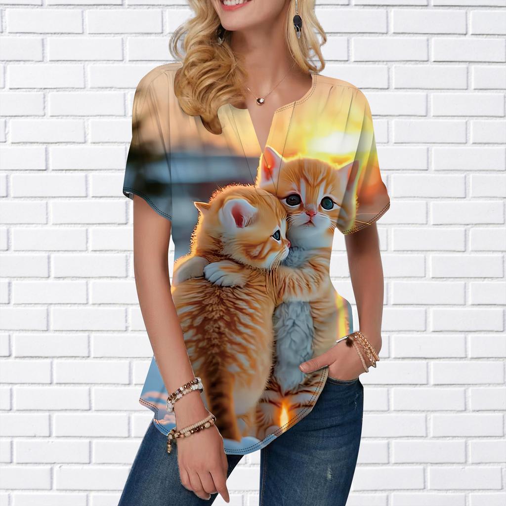 Dámské letní tričko s potiskem kočičího páru, s krátkým rukávem, ležérní potištěné topy, malý výstřih do V, krátký rukáv