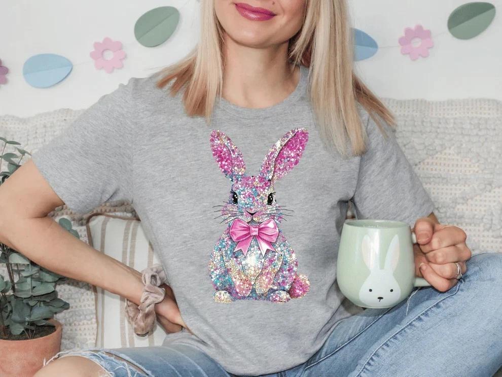 Sparkly Dazzle Bunny Coquette T-Shirt, Sweet Easter Casual Tee for Men & Women 2XL