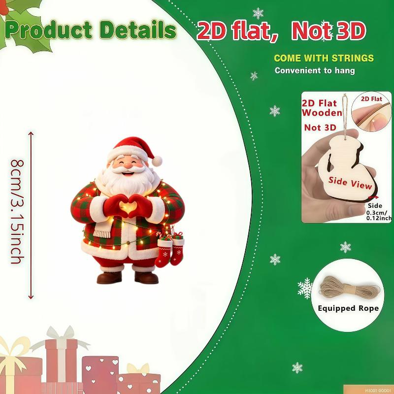 2D Flat Wooden Santa Claus Hanging Ornaments 10Pcs Cute Xmas Pendant for Christmas Wreath Tree Home Decor