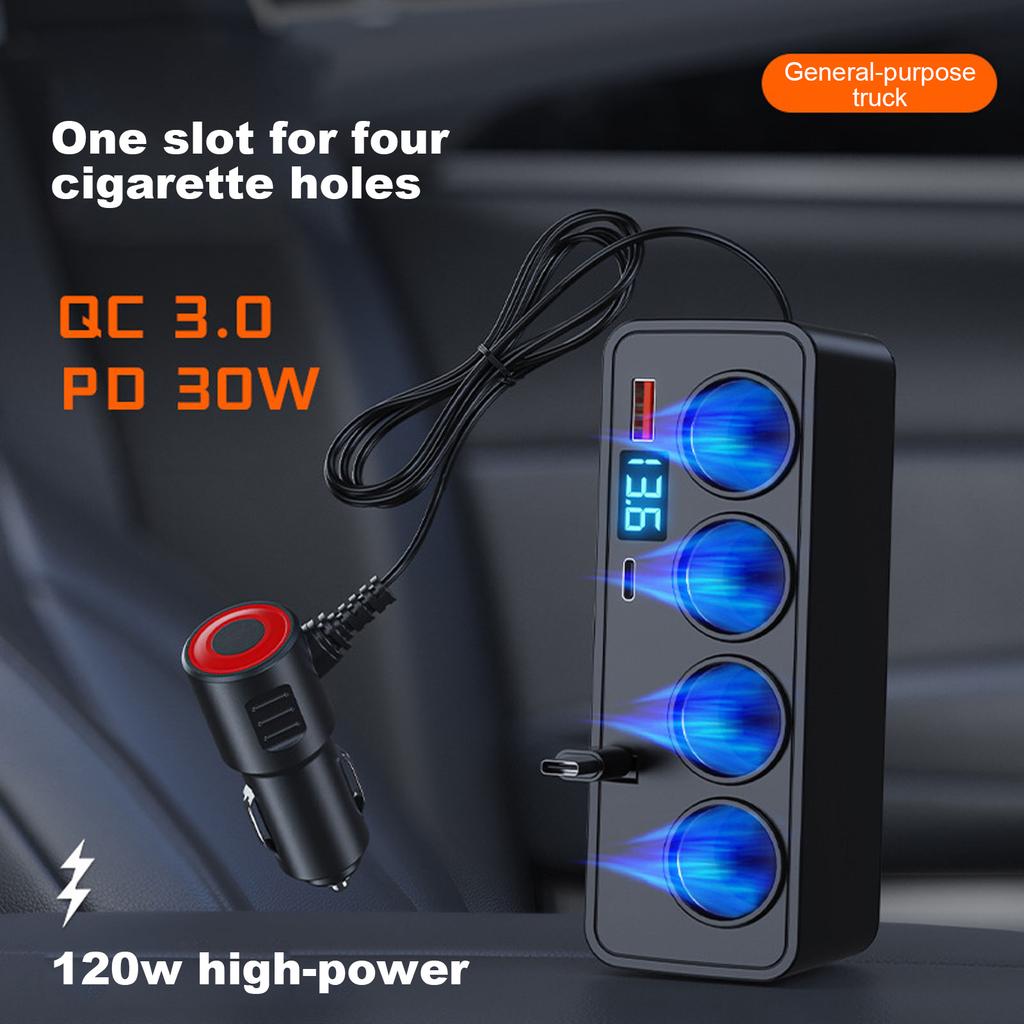 Car Lighter One To Four Lighter Multi-function Adapter Plug Super Fast Charging Retractable Cable Car Charger
