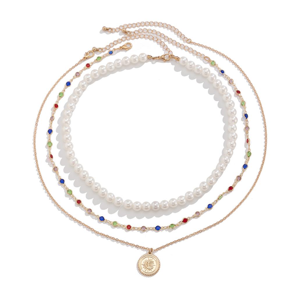 Ins Style Fashion Imitation Pearl Multi-layer Crystal Necklace Women, Simple Moon Pendant Stacked Jewelry