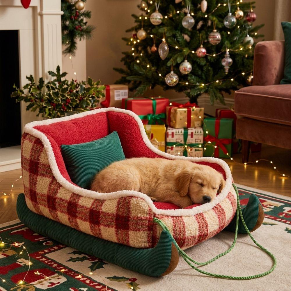 Soft Velvet Christmas Sled Dog Bed Warm Plush Winter Warm Dog Nest Pet Cat Cushion  Bedroom