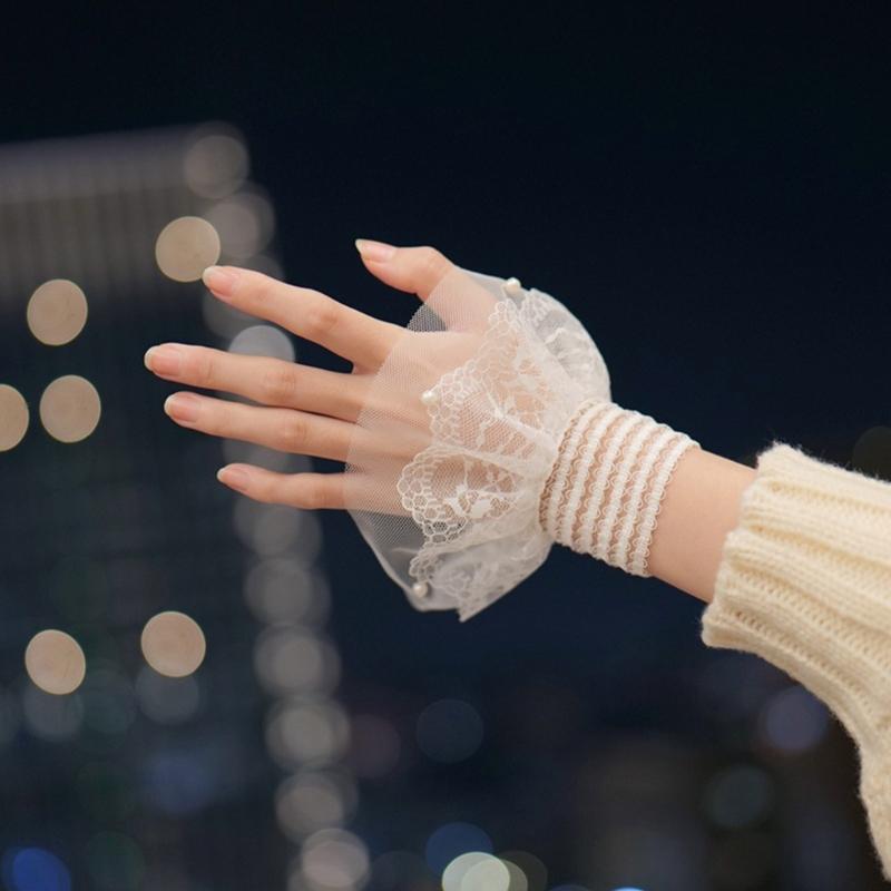 Damen Manschetten Abnehmbare Spitze Rüschen Winter Herbst Hemden Pullover Sweatshirt Falsche Ärmel Weiß