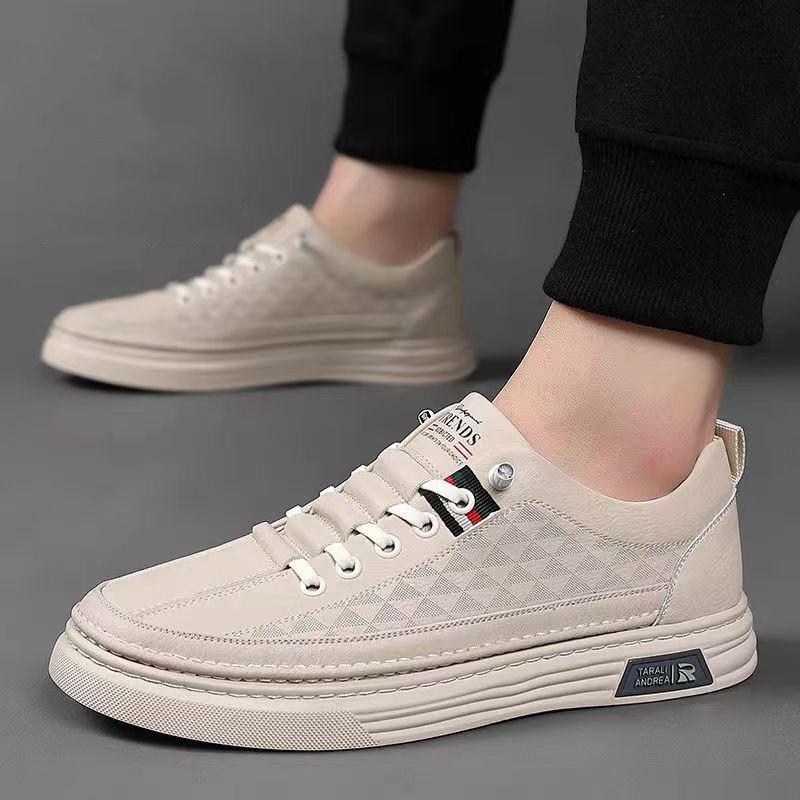 Men's Summer Breathable Thin Soft Leather White Shoes, Trendy Casual Board Shoes