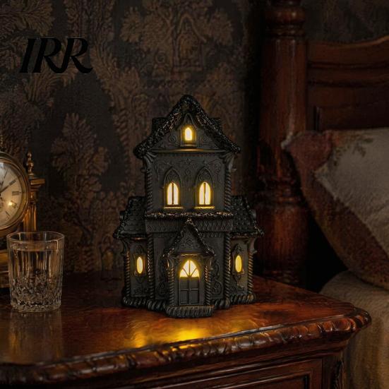 Gothic Home Decor Accessories Lighted Halloween Village House Statue with LED Light, Black Spooky Figurine for Tabletop Holiday Inspired Interior