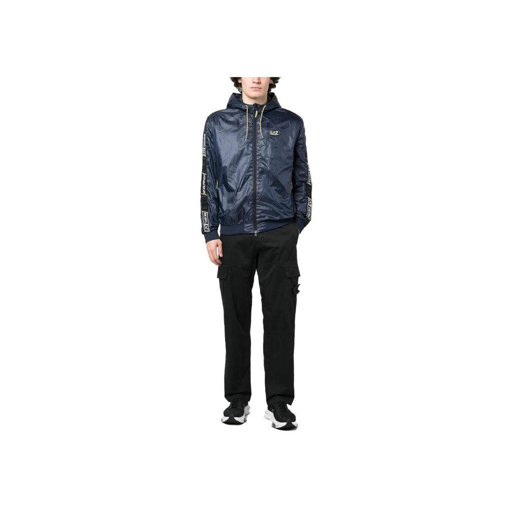 Emporio Armani EA7 Letter And Number Logo Print Color Block Hooded Zip Cotton Jacket Men Jackets Blue 3RPB05-PN5ZZ-1554