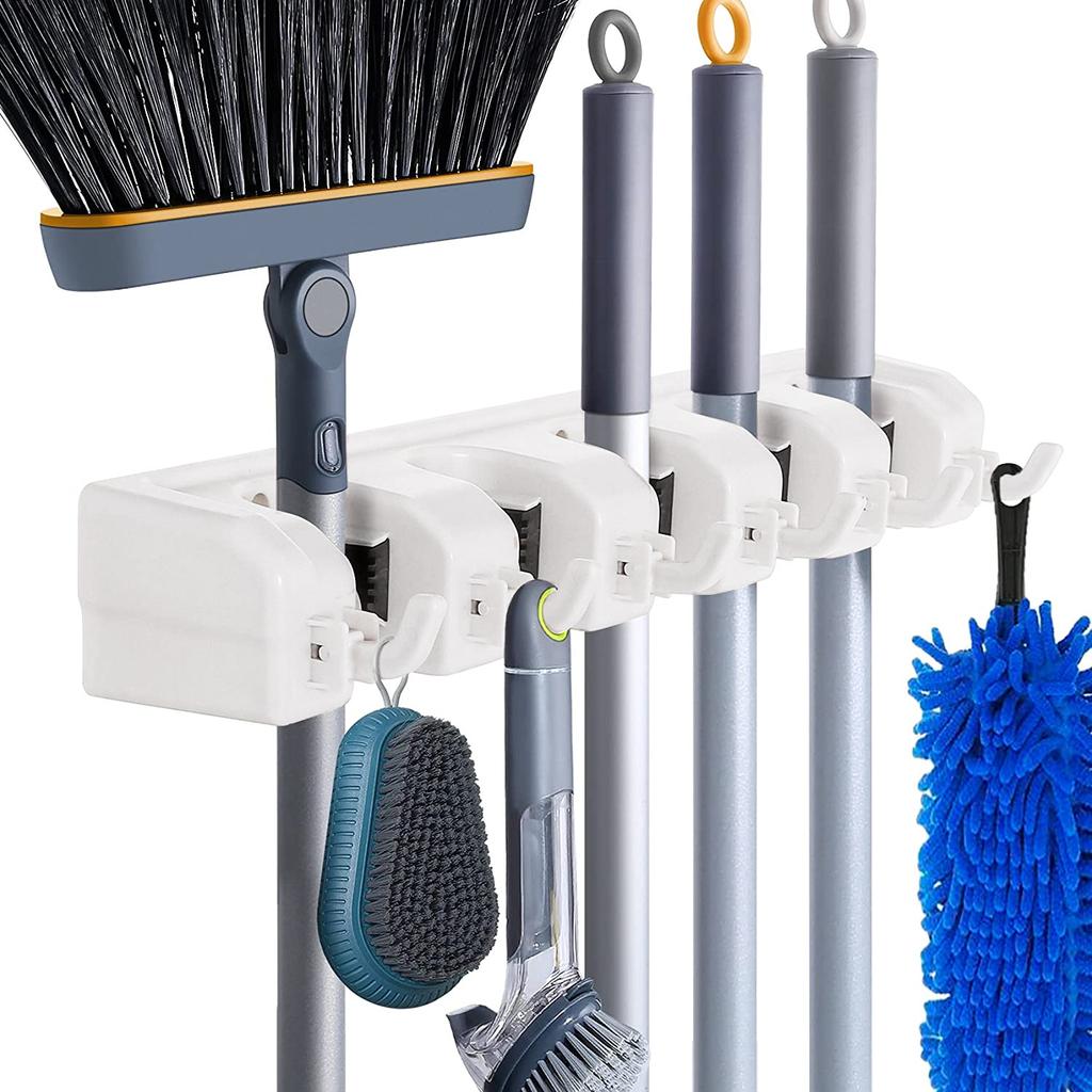1pc Broom & Mop Holder, Wall Mounted Garden Tool Organizer, Garage Organization And Storage Utility Rack, 5 Slots & 6 Hooks