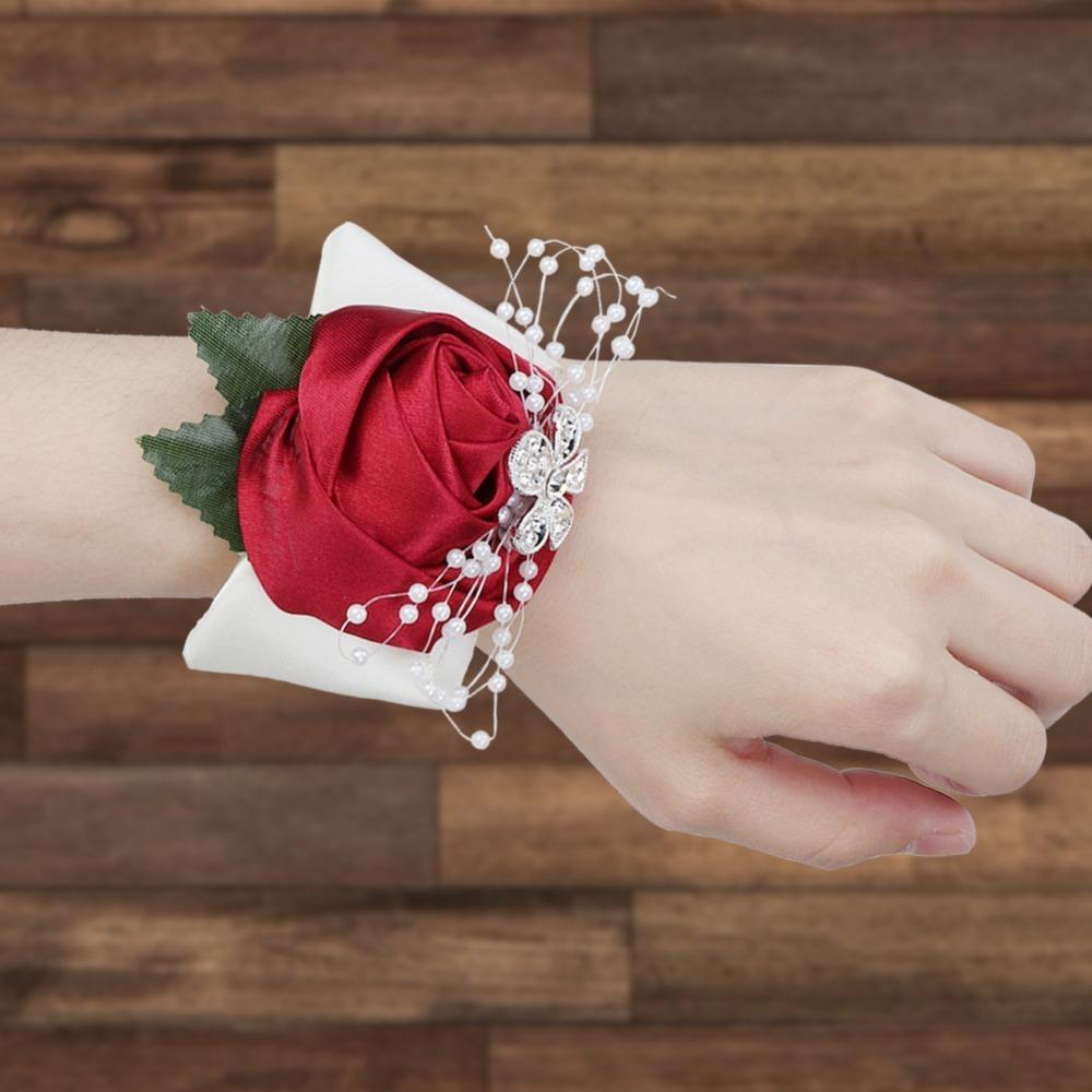 2pcs Pearl Rhinestone Wrist Corsage Diamond Rose Bridal Wrist Flower Wedding Corsage For Prom