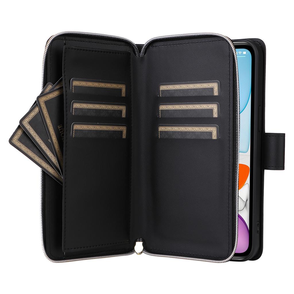 For iPhone 11 Case Leather Zipper Wallet Rhombus Phone Cover with Shoulder Lanyard