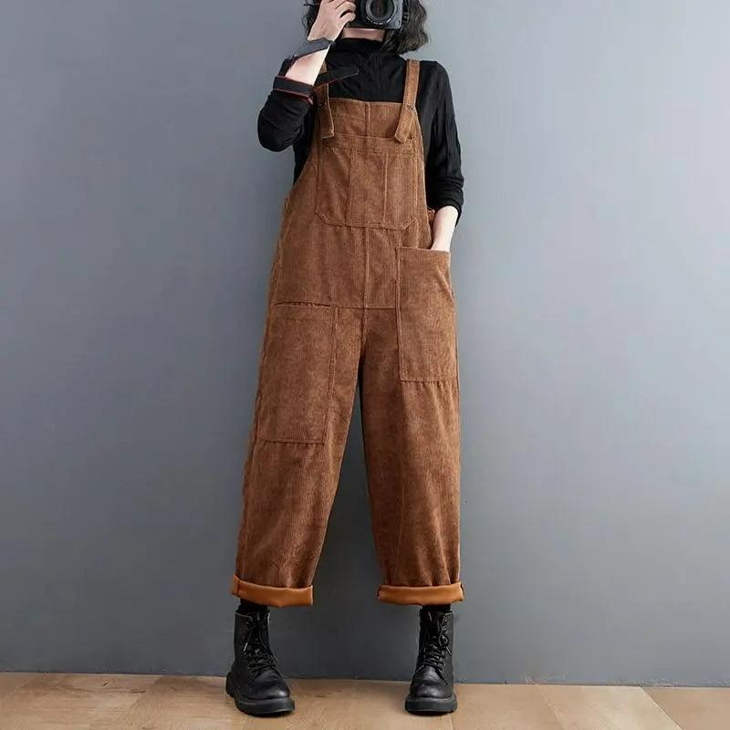 Autumn and Winter Plus Size Women's Casual Straight Wide-leg Corduroy Overalls Trendy All-match Fashion Jumpsuit