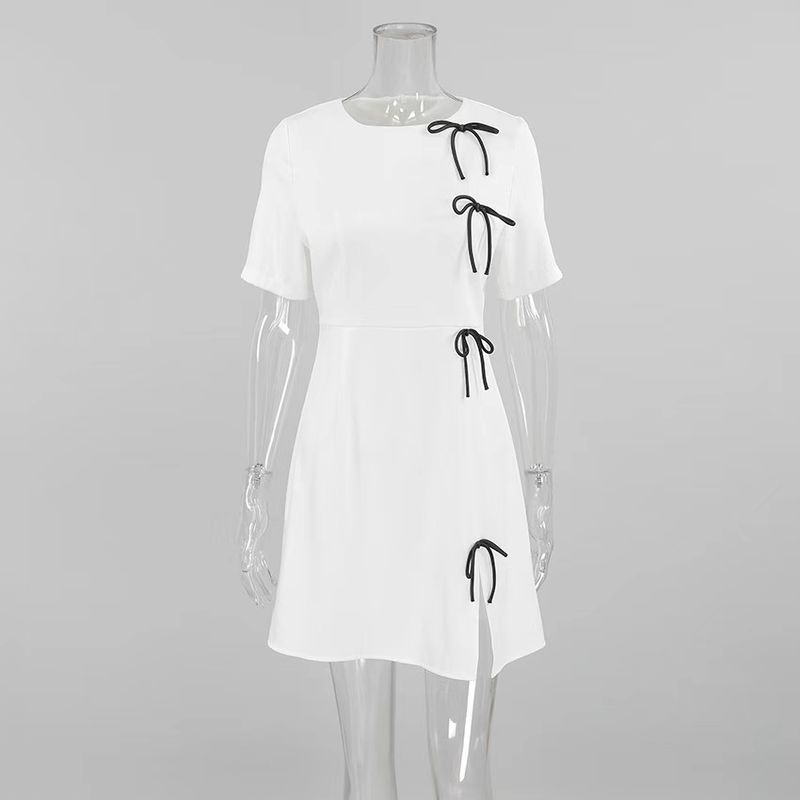 

Fashion Fashion New Skirt round Neck Contrast Color Bows Casual Dress round Neck Bow Dress White L