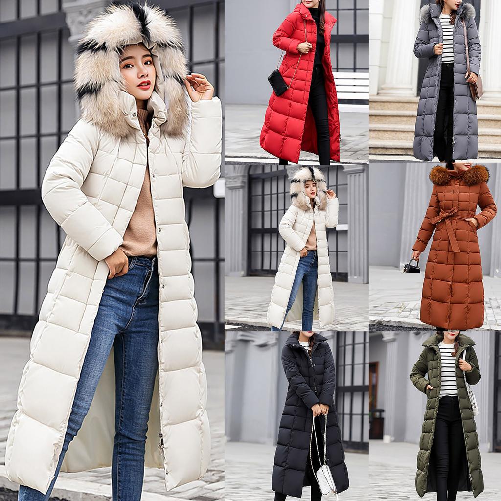 Women Fashion Long Sleeve Solid Color Hooded Long Down Cotton Jacket Coat