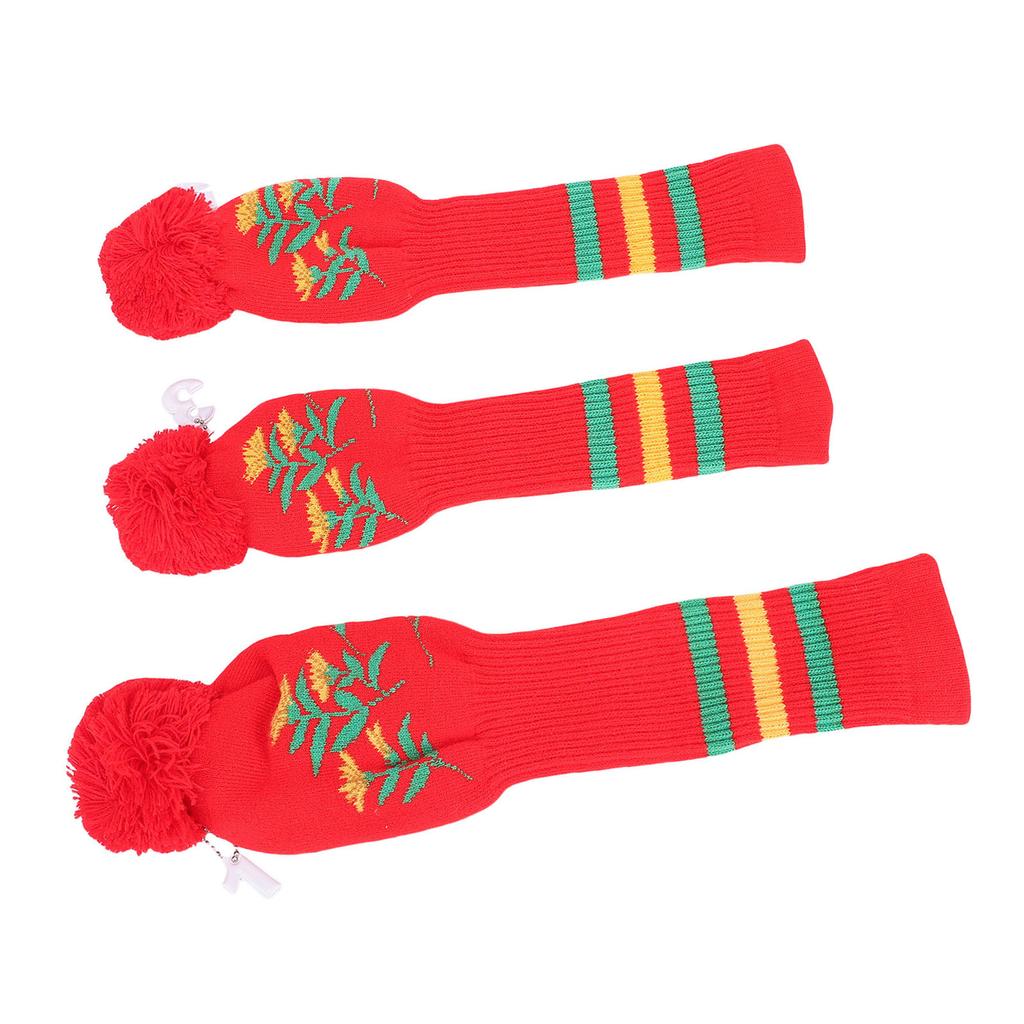 3pcs Knitted Club Head Covers Set with Long Neck Pom Pom Decoration Soft Club Head Protector Snug Fit Red
