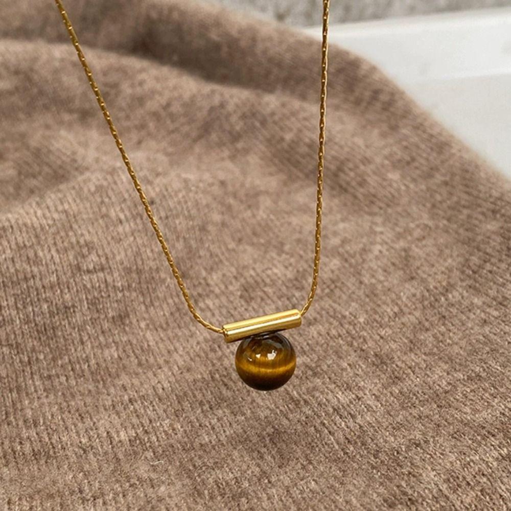 Irregular Tiger Eye Stone Necklace Vintage Heart Collarbone Chain Simple Metal Necklace  Gifts