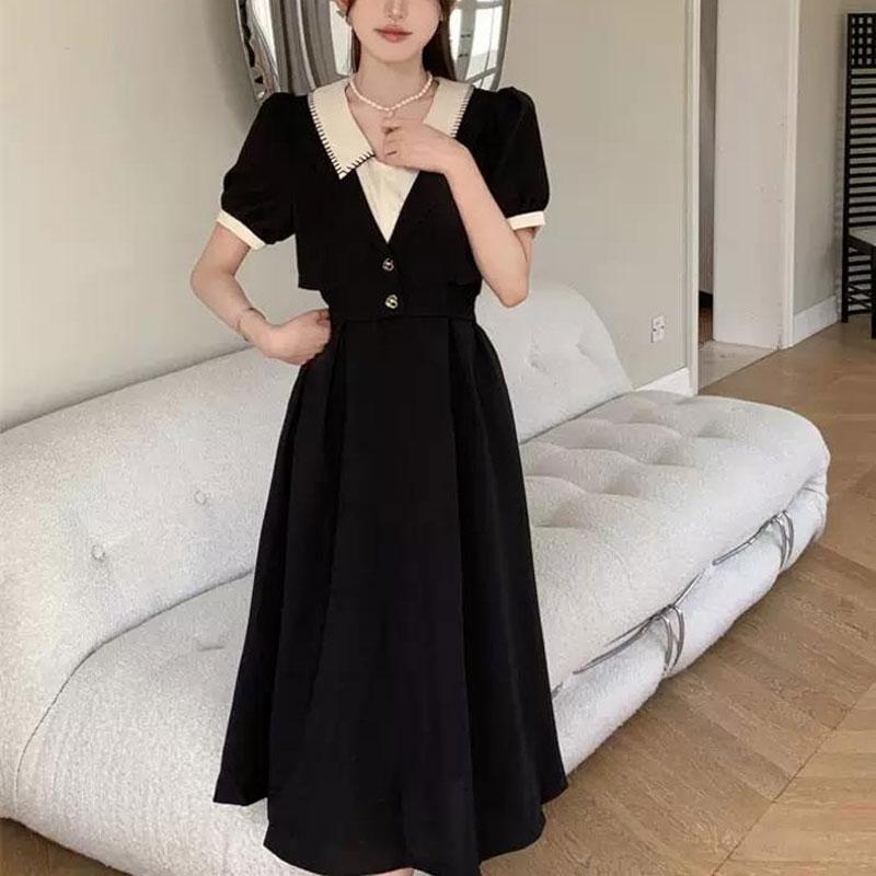 Women's Summer New Fashion Fake Two-piece Short-sleeved Dress Design Midi Skirt