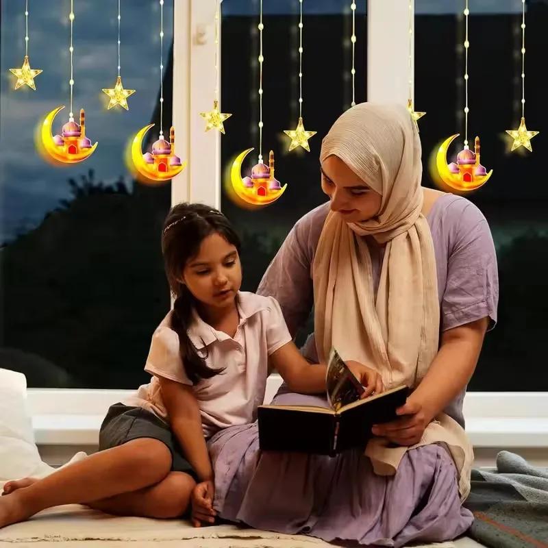 Ramadan String Lights LED Curtain with Moon Castle for Eid Mubarak Celebration Islamic Festive Window Decor Home Atmosphere