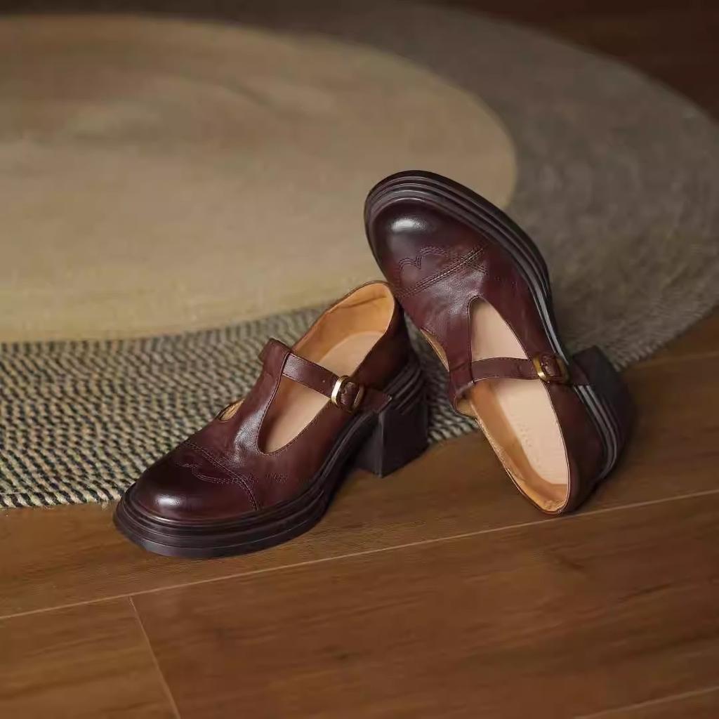 Scarpe da Donna Primavera Autunno con Punta Tonda e Tacco Alto, Tacchi Spessi, Piattaforma in Vera Pelle, Scarpe Mary Jane Retrò Versatili per Donna