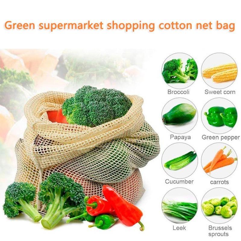 3PCS/LOT Cotton Mesh Vegetable Bags Produce Bag Reusable Cotton Mesh Vegetable Storage Kitchen Fruit Vegetable with Drawstring