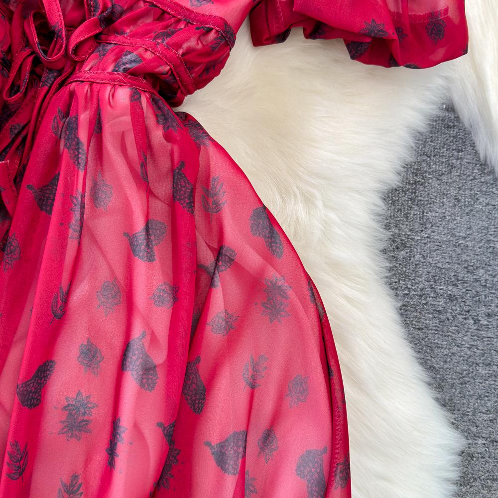 Fashion Dress for Women V Neck A-line Flounced Edge Printing Chiffon Vestidos Lace-up Folds Lining Dresses Summer