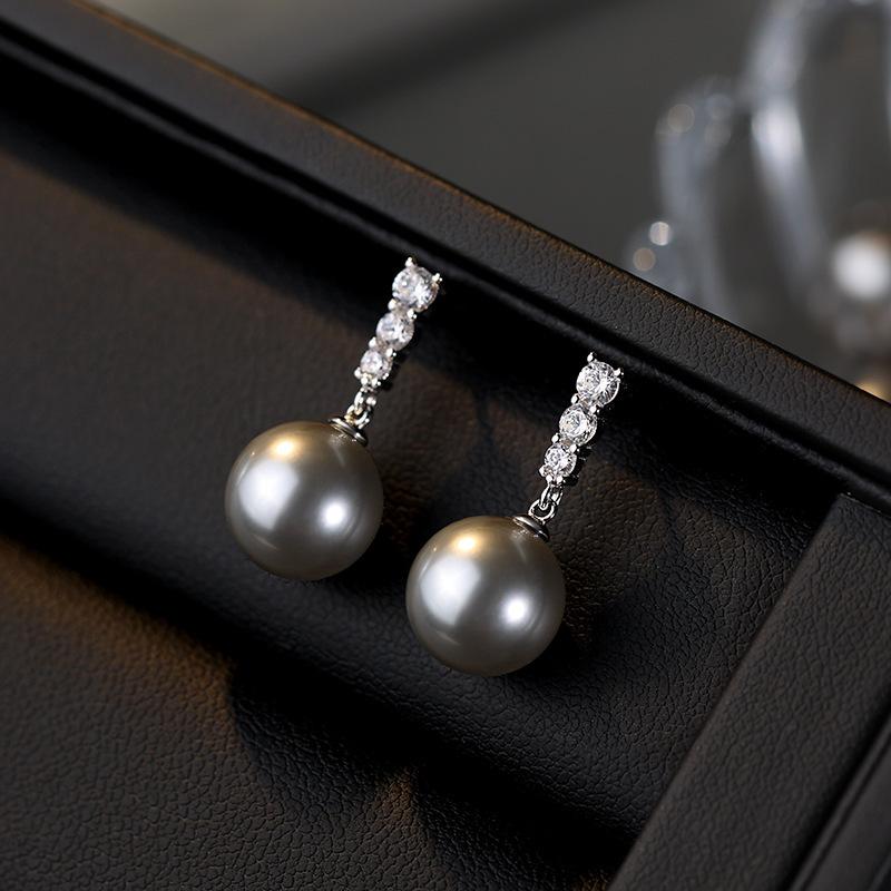 S925 Silver Sparkling Diamond Pearl Drop Earrings Women Elegant Jewelry серый