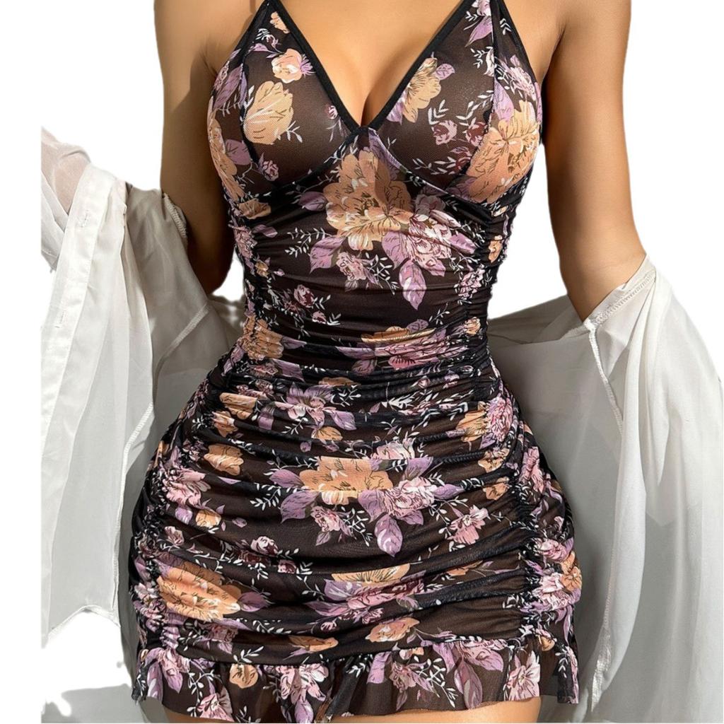INS style, floral print suspender skirt, erotic pure desire style, luxurious temptation backless dress