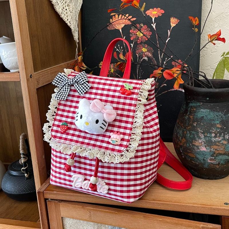 Children's Cute Cartoon Cat Red Grid Backpack Little Girl Lace Decorative Schoolbag New School Backpack